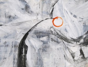 black-white-abstract-Asian-painting-orange-circle-Enso-bHeim-Florida-artist